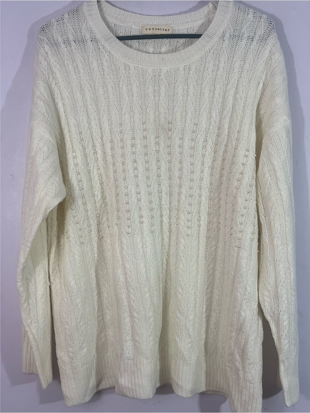 Retrology Ivory Cable Knit Sweater Pearl Beaded Oversized XL?